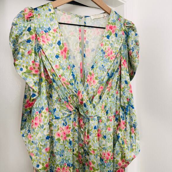 NOTES DU NORD Designer Pink Blue & Green Ruffle Floral Maxi Silk Dress – US 6/8 - Picture 7 of 16